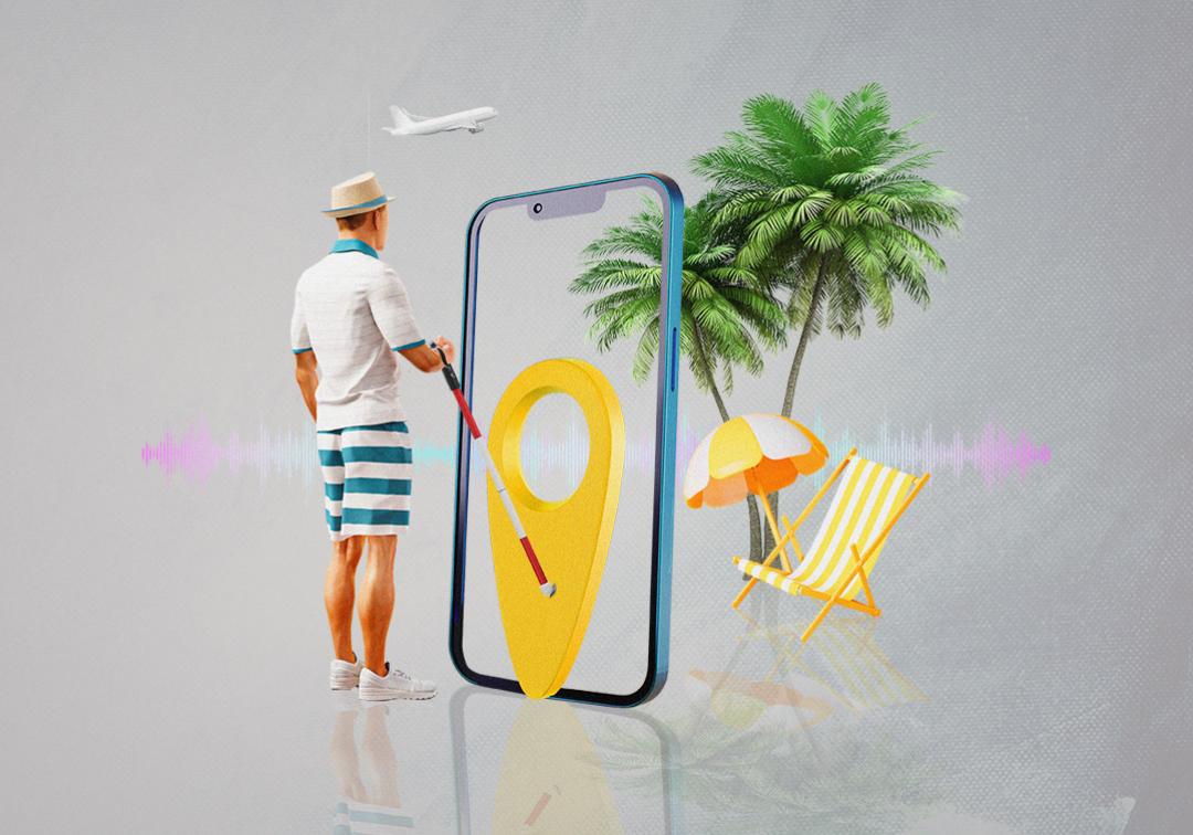 Illustration of vision impaired person on vacation with a phone 