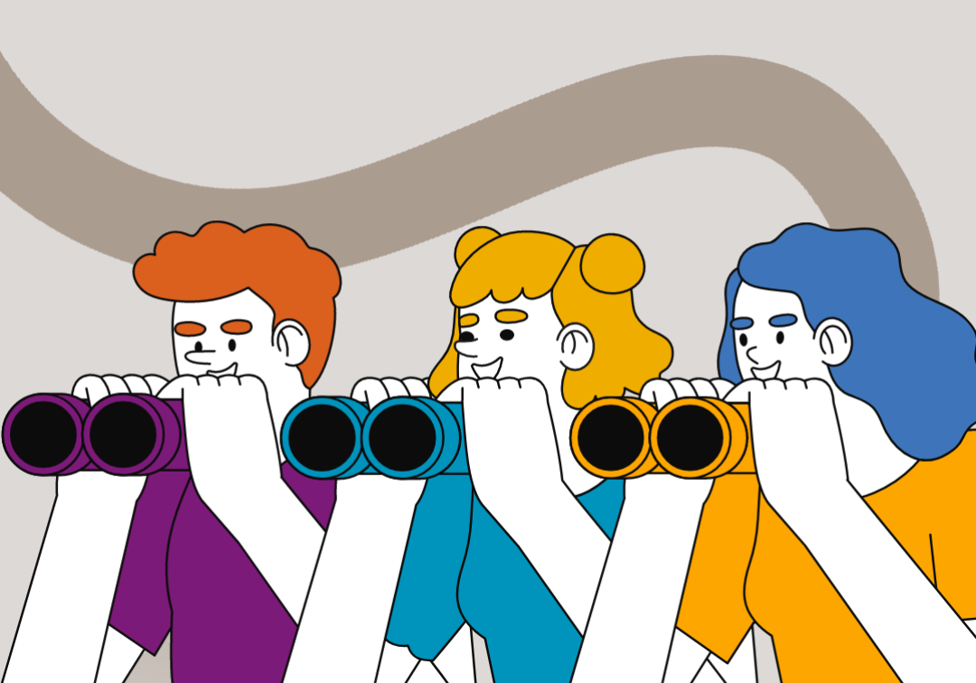 Career pulse graphic illustration showing 3 students with binoculars. 
