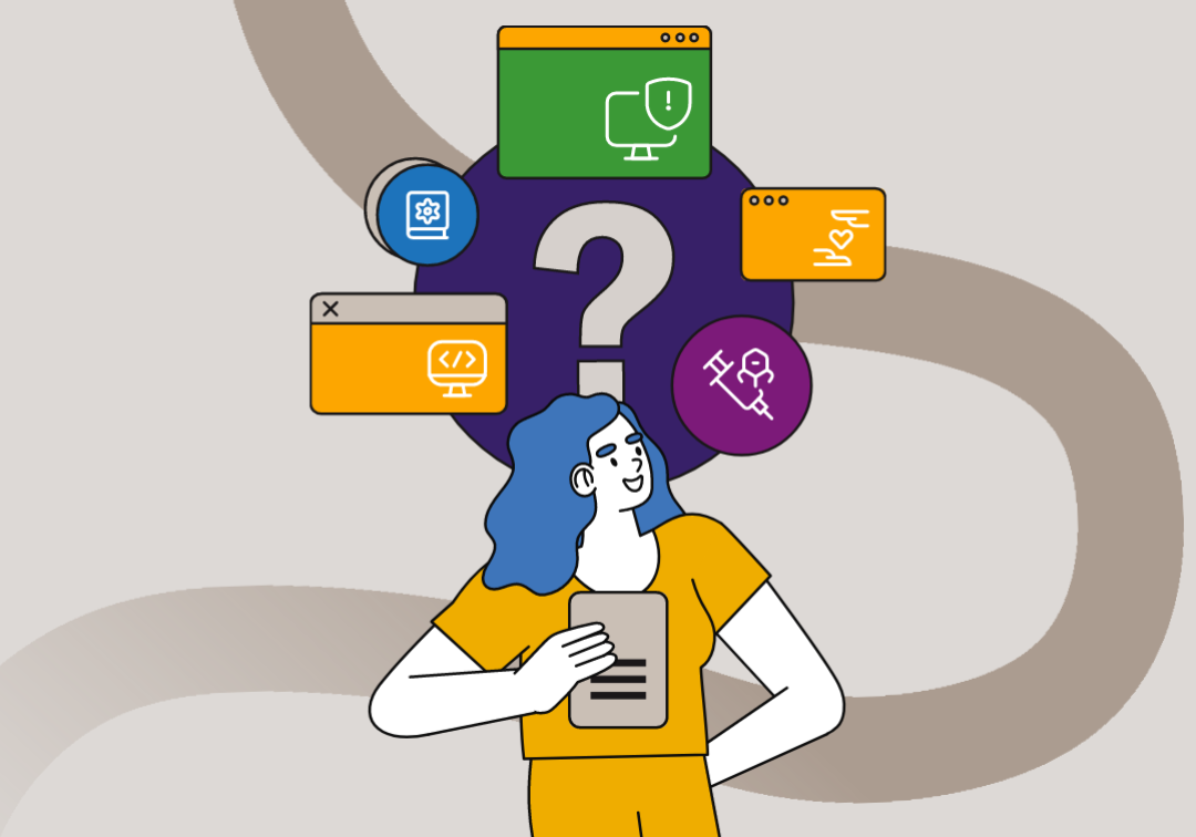 A graphic representation of a person looks up at a question mark surrounded by icons showing different career paths